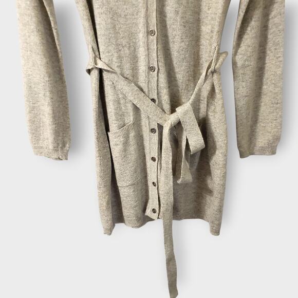 BCBGMAXAZRIA Angora Cashmere Tie Front Longline Hooded Cardigan Oatmeal Sz Med - Picture 3 of 13